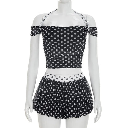 Women's Polka Dot Halter Short Sleeve Two Piece Set