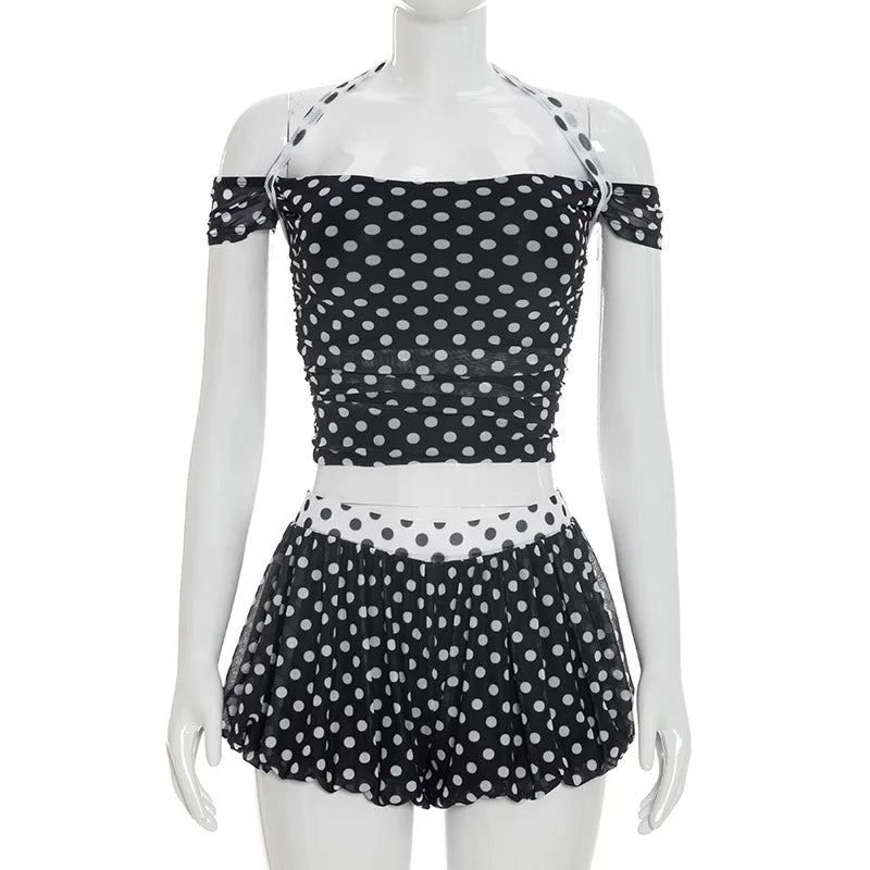 Women's Polka Dot Halter Short Sleeve Two Piece Set