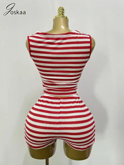Women's Stripe Knit Crop Bodycon Two Piece Set Red White Stripes – Side View