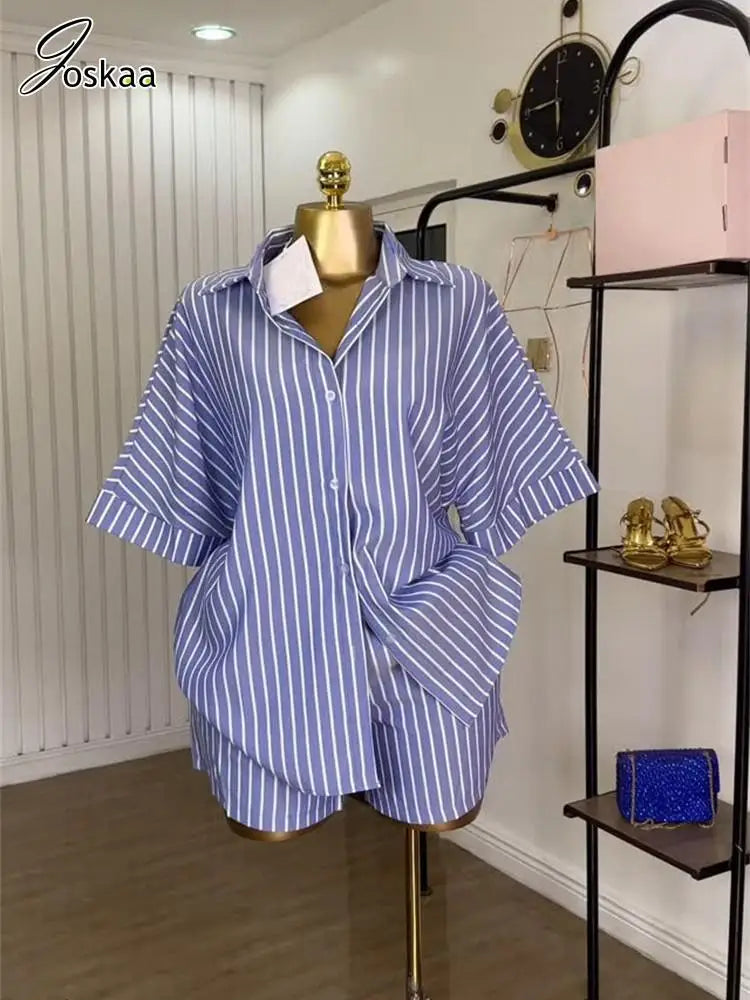 Women's Stripe Short Sleeve Two Piece Set Blue – Side View