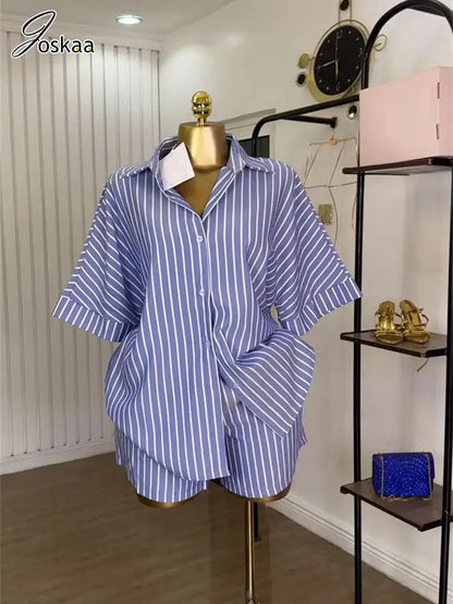 Women's Stripe Short Sleeve Two Piece Set Blue – Side View