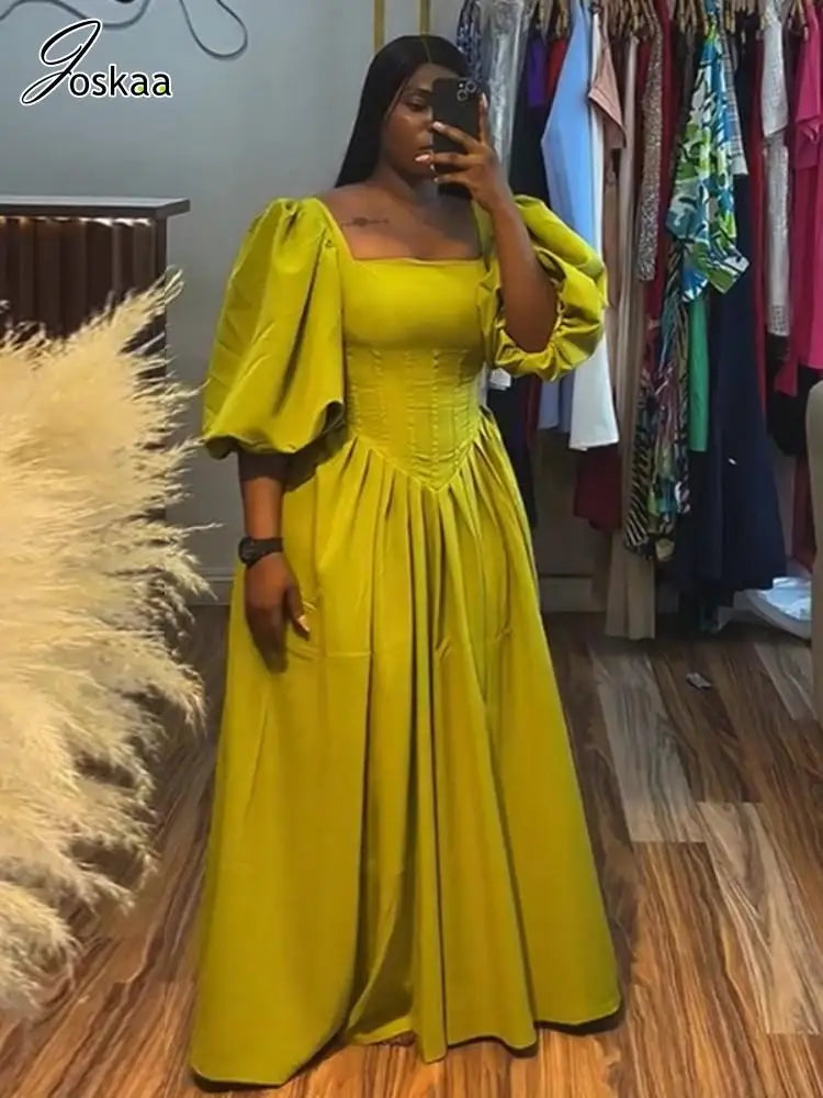 Women's Backless Square Neck Puff Maxi Dress Fruit Green – Front View