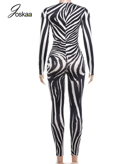 Women's Zebra Print Zip Up Long Sleeve Bodycon Romper - Detail View