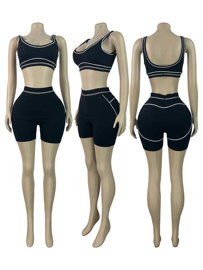 Women's Crop Color Contrast Line Two Piece Set