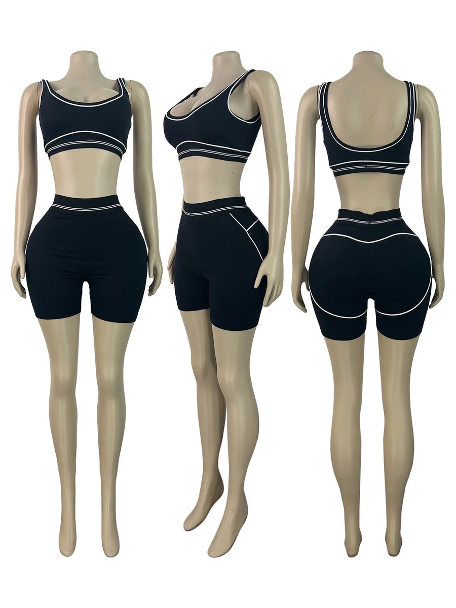 Women's Crop Color Contrast Line Two Piece Set