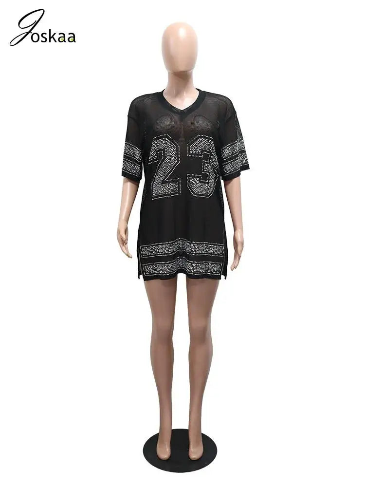 Women's Mesh Rhinestone V-neck Top Sheer Longline Short - Back View