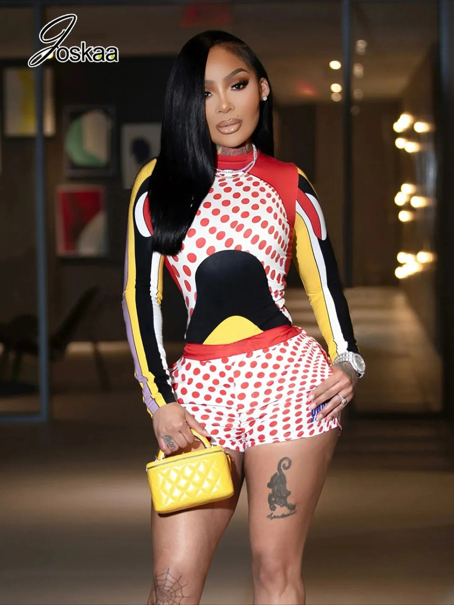 Women's Polka Dot Long Sleeve High Waist Two Piece Set - Side View