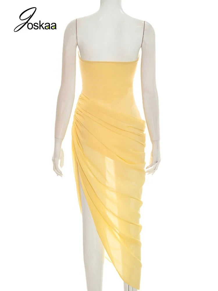 Women's Mesh Ruched Strapless Bodycon Dress Yellow – Detail View