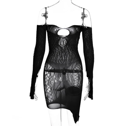 Women's Mesh Cutout Strapless Long Sleeve Dress
