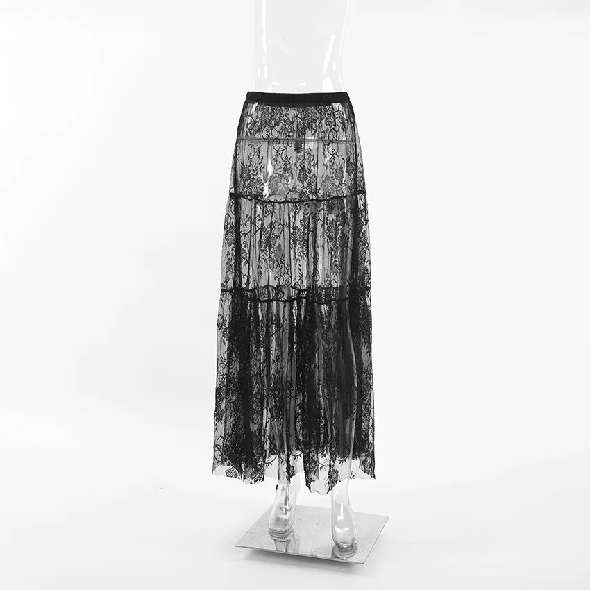 Women's Lace Mesh High Waist Black Long Jacquard Skirt