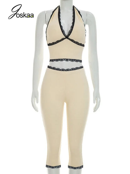 Women's Lace Ribbed Knit Halter High Waist Two Piece Set - Back View