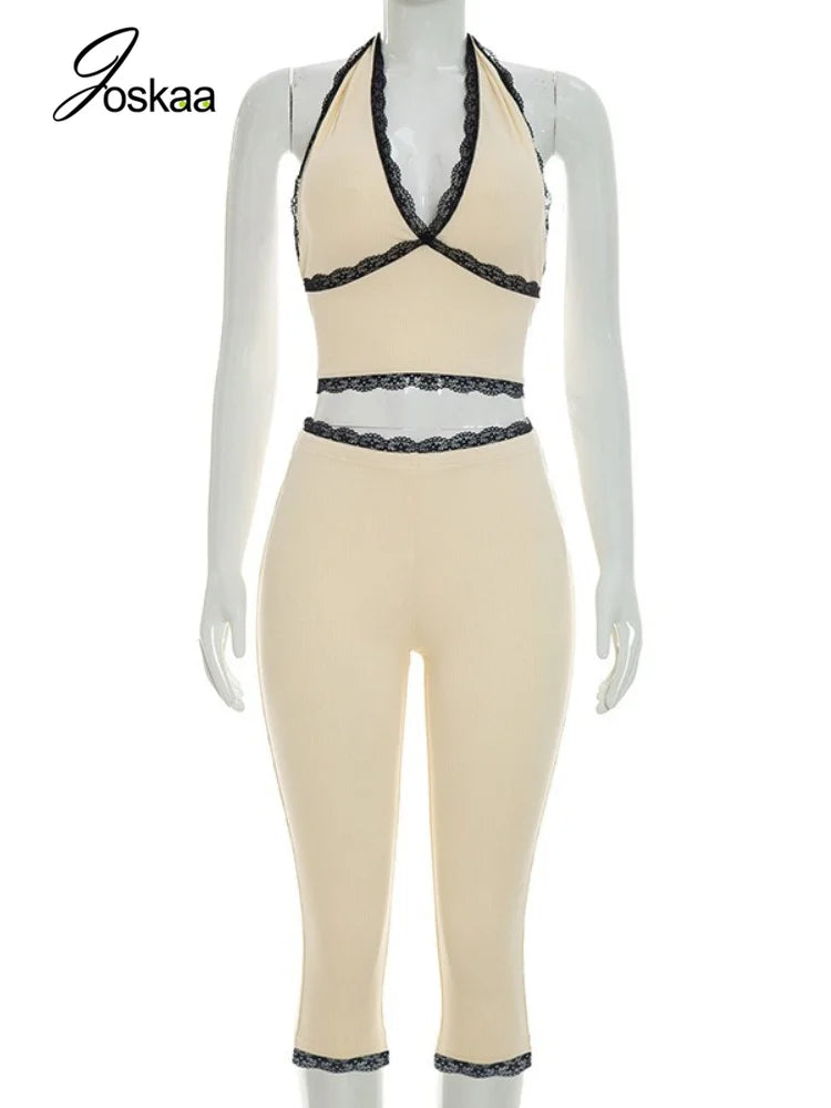 Women's Lace Ribbed Knit Halter High Waist Two Piece Set - Back View