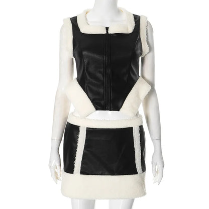 Women's Faux Leather Mini Zip Two Piece Set