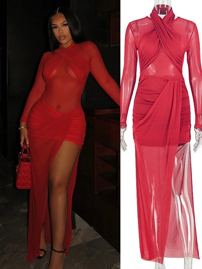 Women's Mesh Ruched Halter Long Sleeve Maxi Dress - Additional View 8