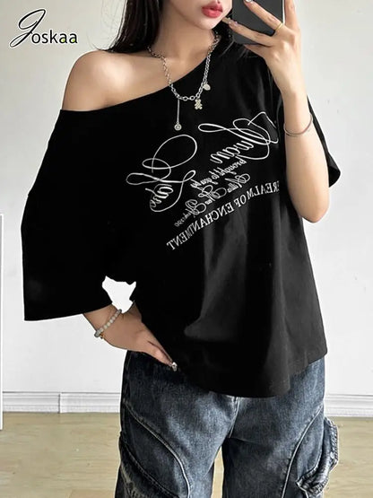 Women's Letter Print Short Sleeve Oversized Top Black – Front View