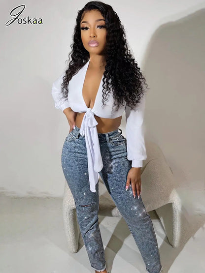Wholesale Women's Rhinestone Denim Bodycon Pants – Women's Fashion Wholesale – Front View