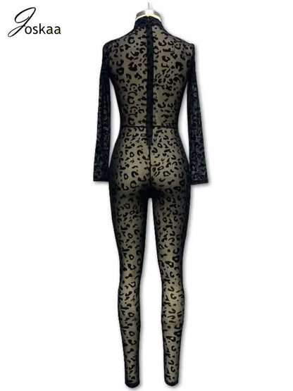 Women's Mesh Long Sleeve Bodycon Jumpsuit Romper Black – Detail View