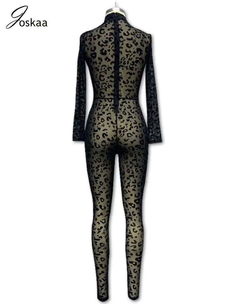 Women's Mesh Long Sleeve Bodycon Jumpsuit Romper Black – Detail View