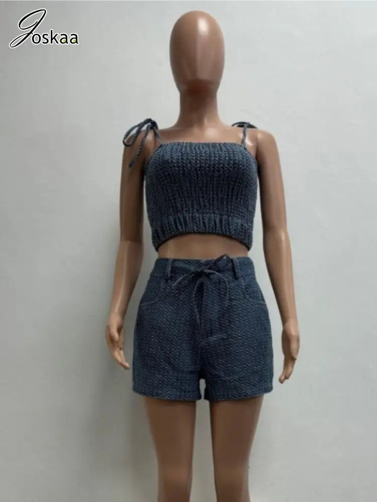 Women's Denim Crop Stretch Camisole and Two Piece Set Blue – Back View