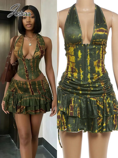 Women's Ruched Backless Halter Two Piece Set – Women's Fashion Wholesale – Front View