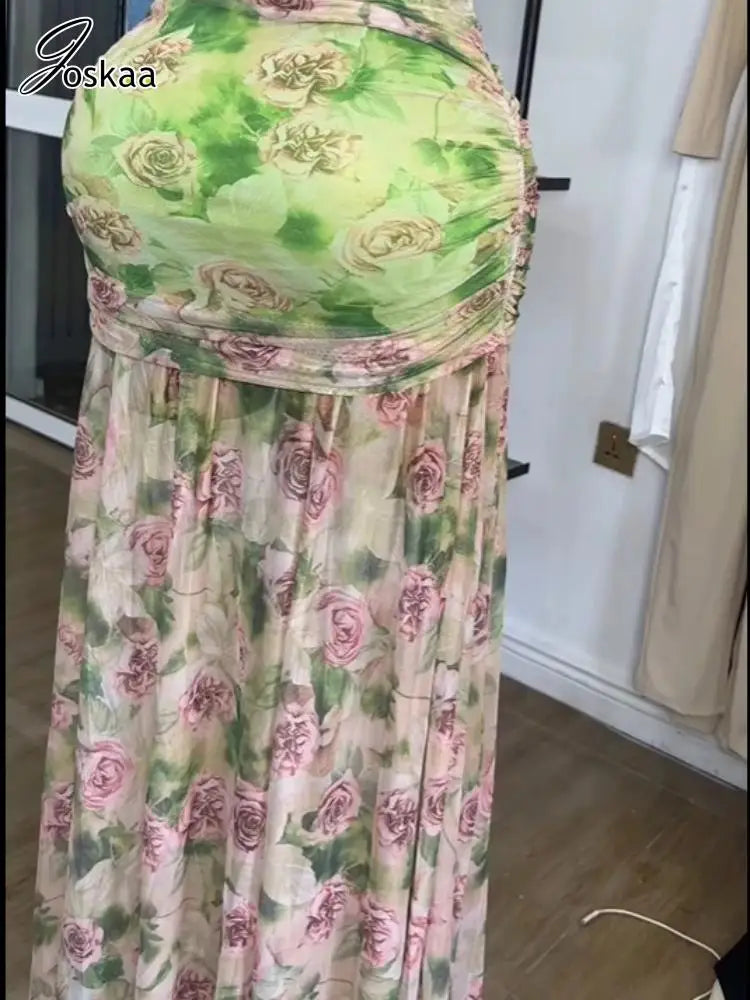 Wholesale Women's Floral Print Ruched Maxi Dress Green – Back View