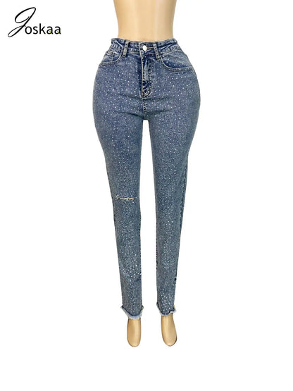 Wholesale Women's Rhinestone Denim Bodycon Pants Black – Back View