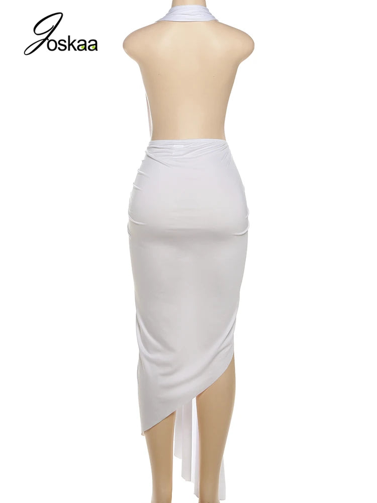 Women's Ruched Backless Halter Bodycon Dress YellowGreen – Detail View