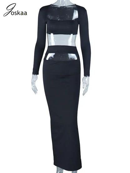 Women's Cutout Long Sleeve Crop Two Piece Set Black – Back View