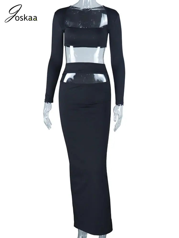 Women's Cutout Long Sleeve Crop Two Piece Set Black – Back View