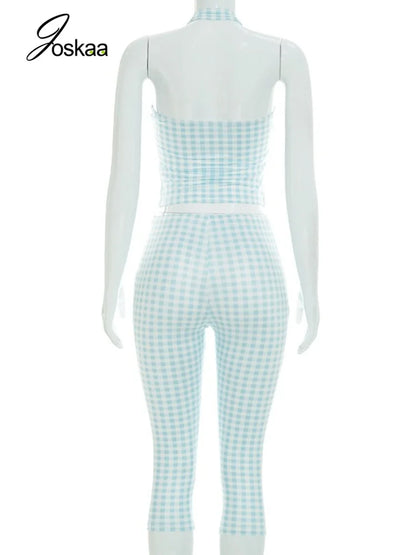 Women's Backless Halter High Waist Two Piece Set Plaid - Detail View 4