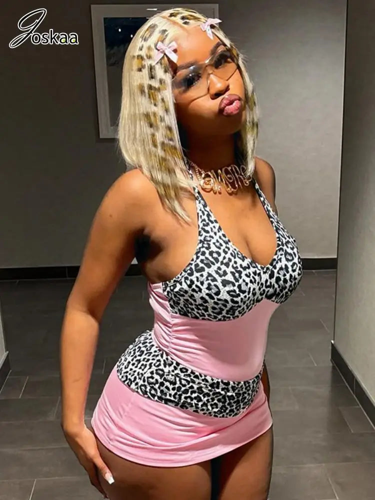 Women's Leopard Print Lace Ruched Mini Dress Pink – Side View