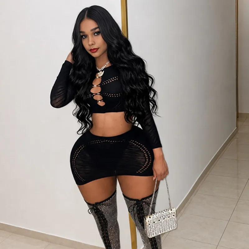 Women's Cutout Long Sleeve Crop Two Piece Set