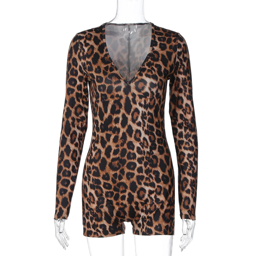 Women's Leopard Print Long Sleeve Bodycon Romper