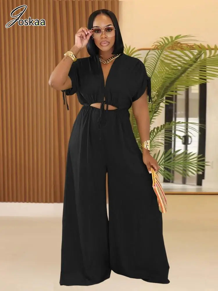 Women's Cutout Flare Wide Leg V-neck Romper Green – Front View