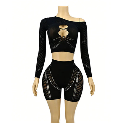 Women's Mesh Cutout Long Sleeve Two Piece Set
