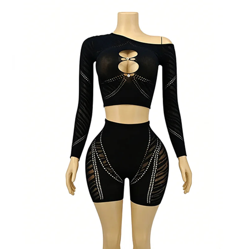 Women's Mesh Cutout Long Sleeve Two Piece Set