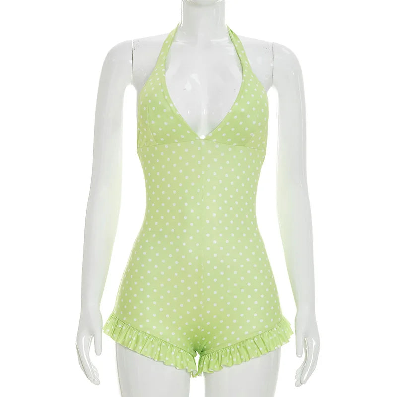 Women's Polka Dot Backless V-neck Halter Romper - Additional View 9