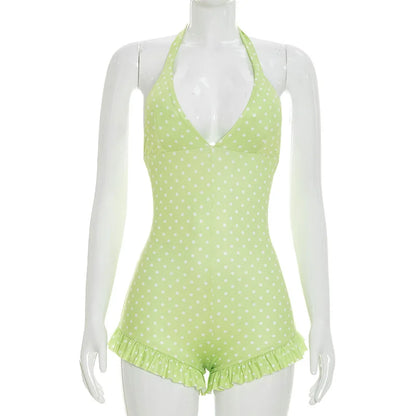 Women's Polka Dot Backless V-neck Halter Romper - Additional View 9