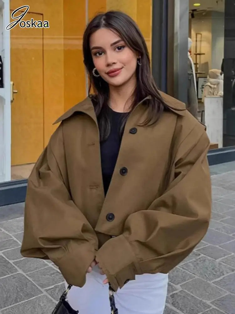 Women's Long Sleeve Pleated Lapel Single Jacket Khaki – Front View