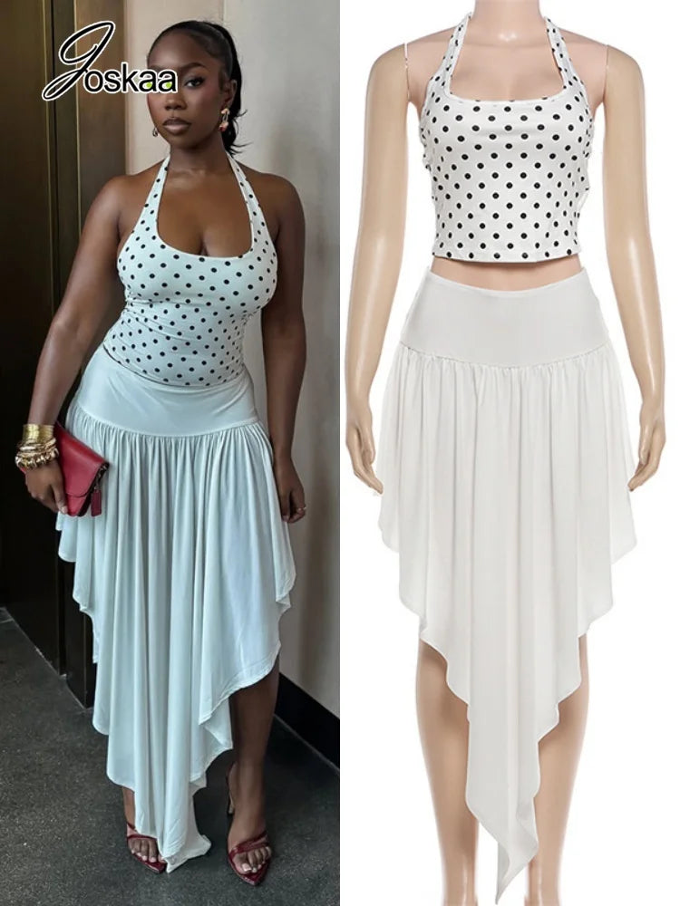 Women's Polka Dot Halter One Shoulder Two Piece Set - Women's Fashion Wholesale - Front View