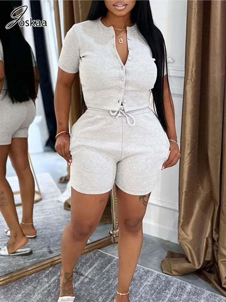 Women's Knit Short Sleeve Ribbed Two Piece Set – Women's Fashion Wholesale – Front View