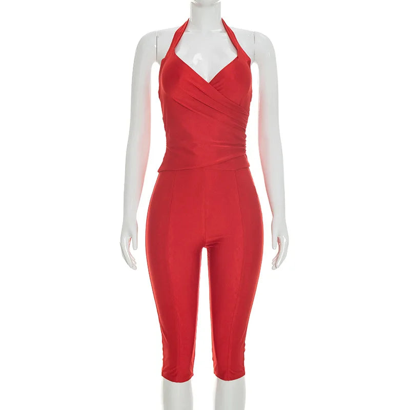 Women's Ruched Halter Crop Two Piece Set