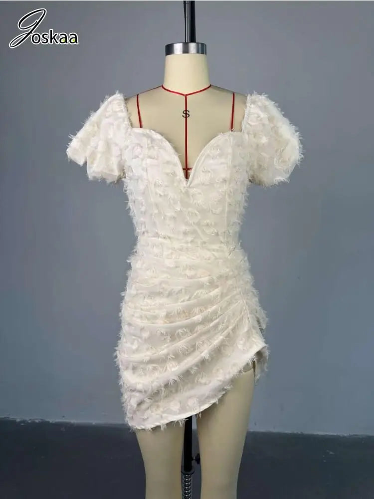 Women's Ruched Elegant V-neck Puff Mini Dress White – Back View