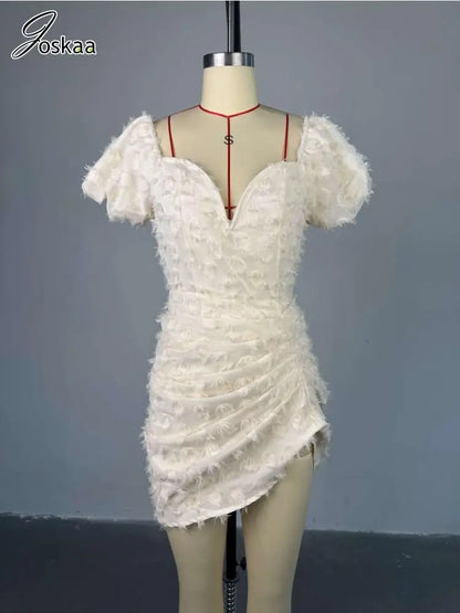 Women's Ruched Elegant V-neck Puff Mini Dress White – Back View