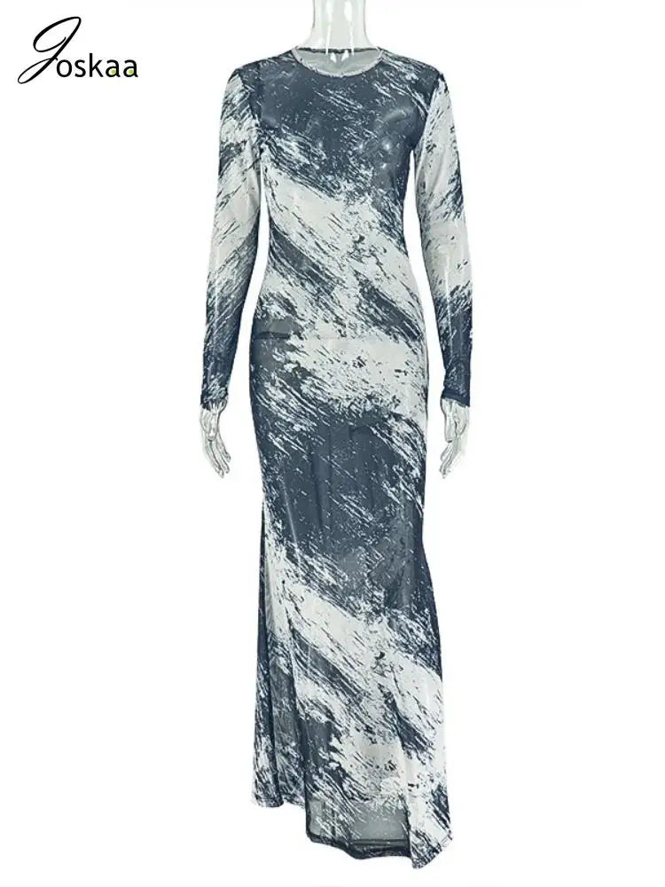 Women's Mesh Long Sleeve Bodycon Maxi Dress Black Gray – Back View