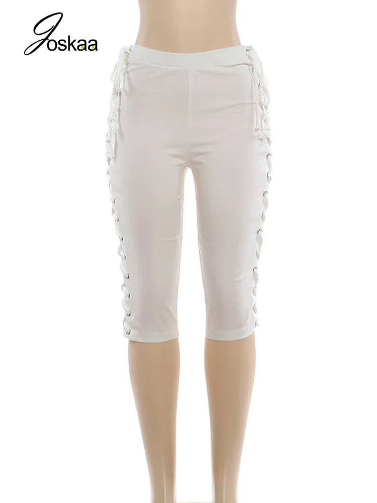 Women's Lace Crop High Waist Bodycon Pants Top Creamy White – Back View