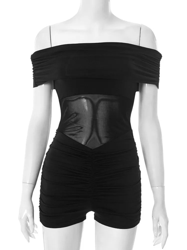 Women's Mesh Strapless Bodycon Pleated Romper