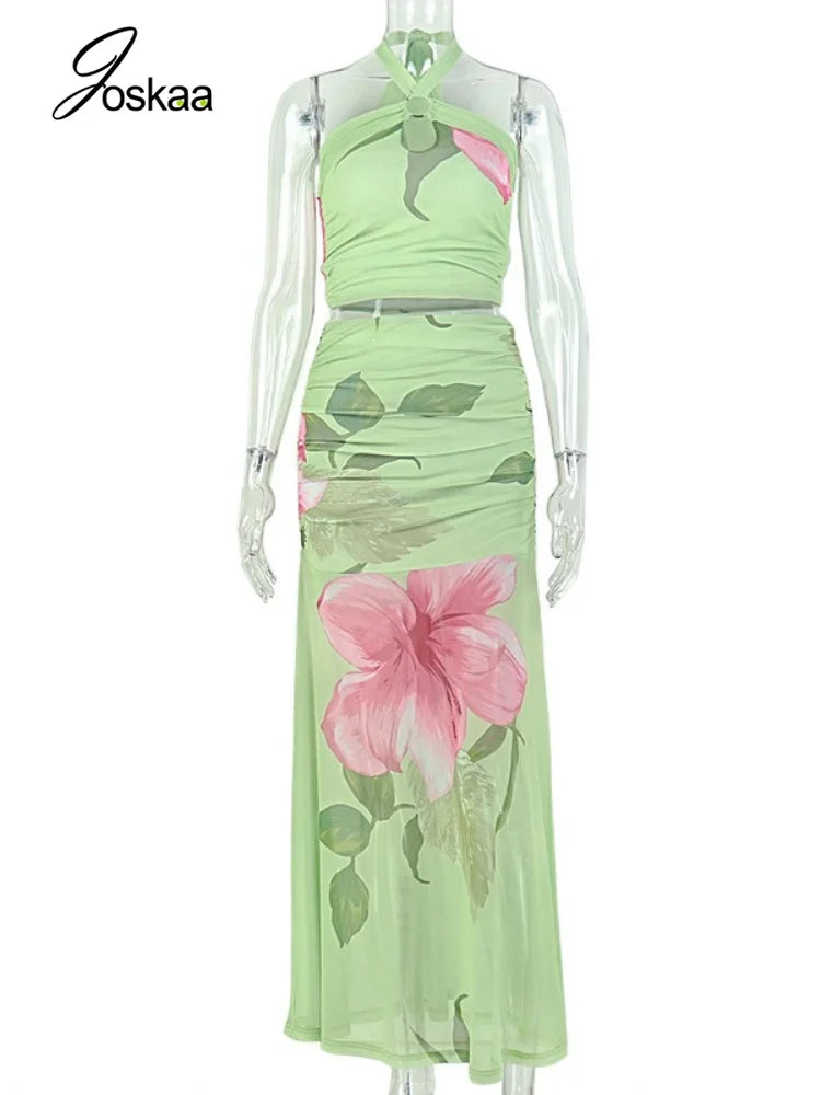Women's Floral Print Mesh Ruched Two Piece Set Colorful – Back View