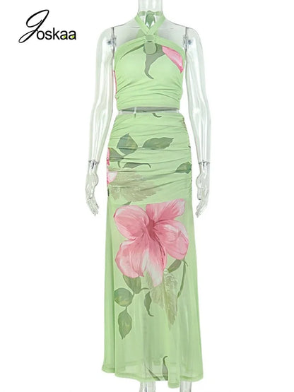 Women's Floral Print Mesh Ruched Two Piece Set Colorful – Back View