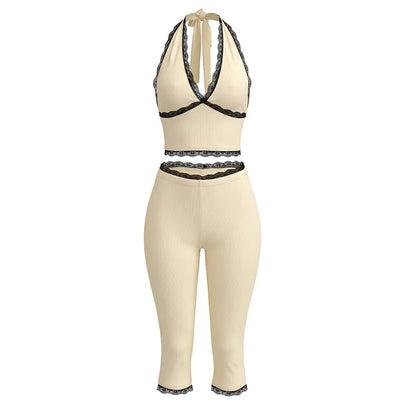 Women's Lace Ribbed Knit Halter High Waist Two Piece Set - Additional View 7